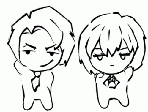 a black and white drawing of a man and a woman with the letters aw on their heads