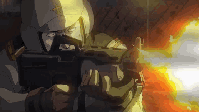 a cartoon of a man holding a gun with a star on his helmet