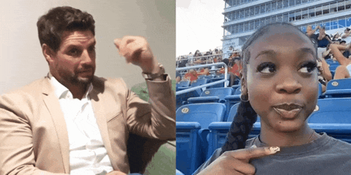 a man in a suit is sitting next to a woman in a stadium with a number 9 on her shirt
