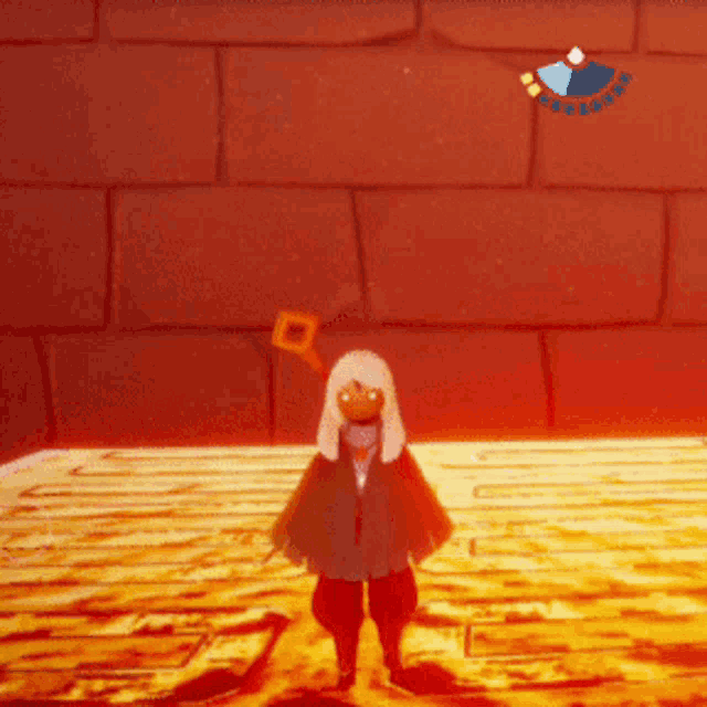 a cartoon character is standing in front of a brick wall in a video game