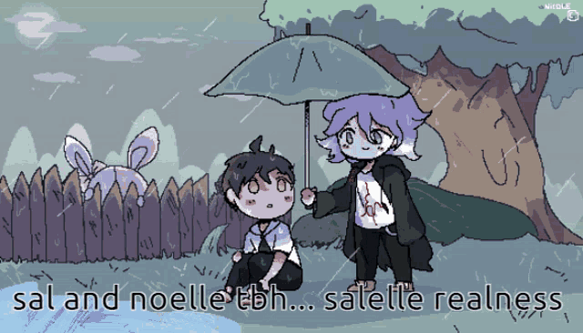 a cartoon of a boy holding an umbrella with the words " sal and noelle tbh ... salette realness " below him