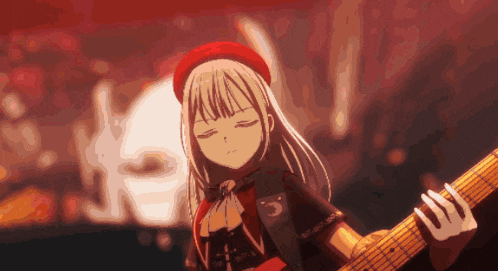 a girl in a red hat is holding a guitar in front of a skull