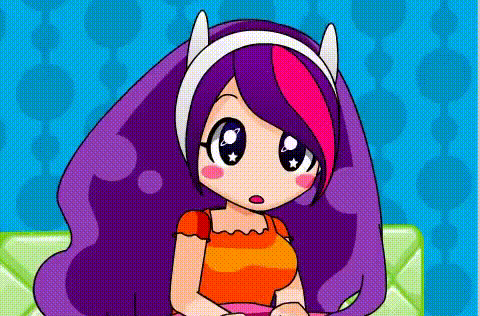 a cartoon girl with purple and pink hair and a headband is sitting on a couch .