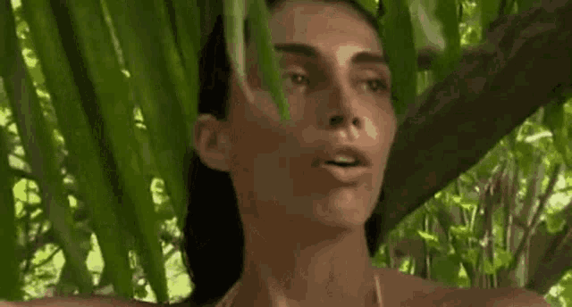 a woman in a bikini is standing under a tree in the woods .