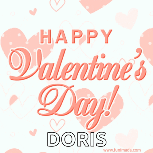 a happy valentine 's day doris card with pink hearts in the background