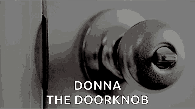a close up of a door knob on a door with the words donna the doorknob written below it .