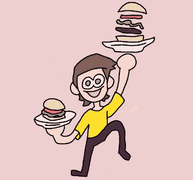 a cartoon character is holding two hamburgers in his hands