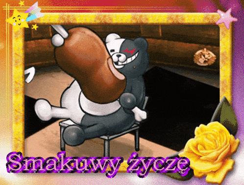 a picture of a black and white teddy bear holding a large piece of meat with the words smakuwy zycze below it