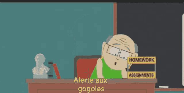a cartoon character sitting at a desk with a sign that says homework