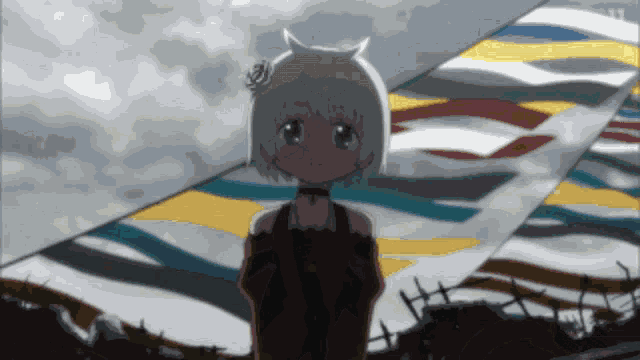a girl with white hair and green eyes is standing in front of a colorful background