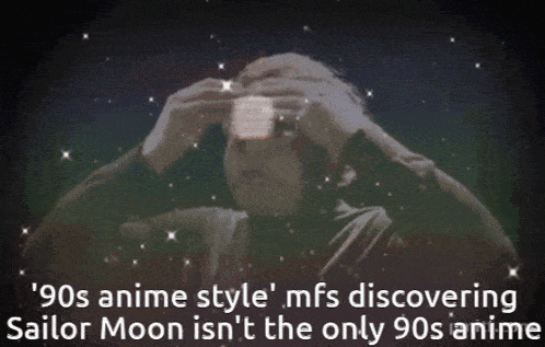 a man looking through binoculars with the words ' 90s anime style ' on the bottom right
