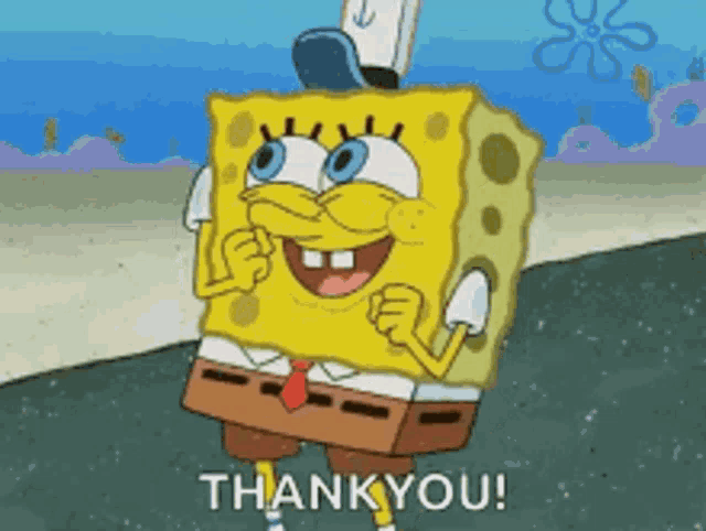 a cartoon of spongebob saying thank you with his hands in the air