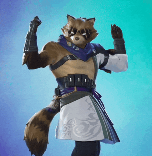 a raccoon with a purple scarf around his neck has his fist up in the air