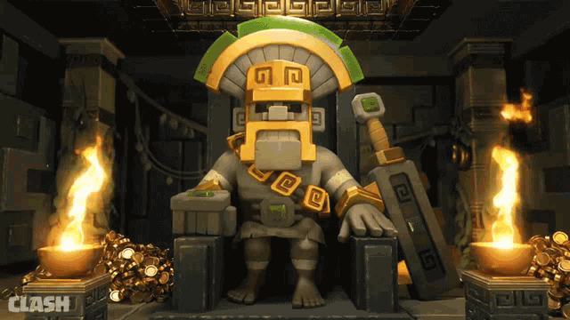 a statue of a man on a throne with clash written on the bottom right