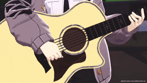 a person is playing an acoustic guitar with a watermark that says perfect world
