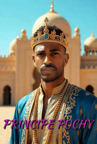 a man wearing a crown and a blue robe with the name principe pochy on the bottom