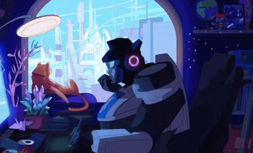 a cartoon drawing of a robot sitting in front of a window with a cat