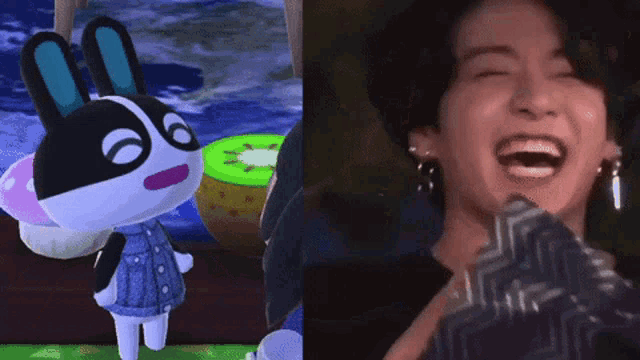 a black and white animal crossing character next to a laughing person