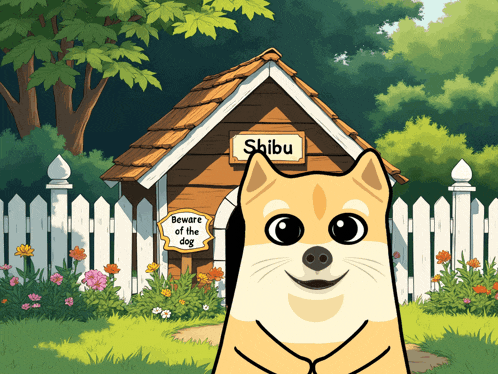 a cartoon dog is standing in front of a dog house that says shibu