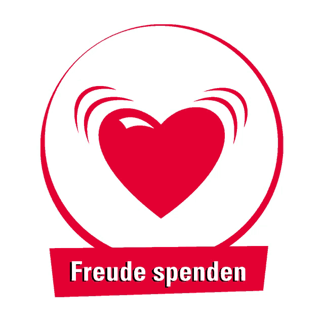 a red heart in a white circle with the words " freude spenden " below it