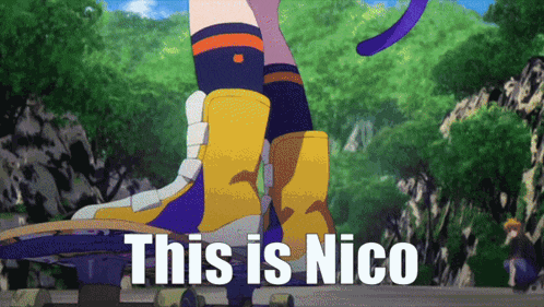 a person riding a skateboard with the words " this is nico " on the bottom