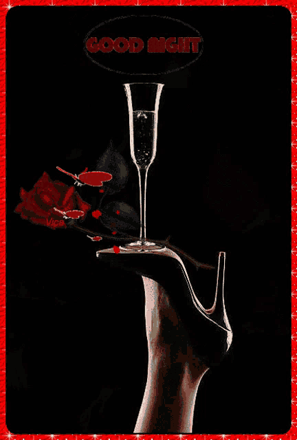 a picture of a woman holding a wine glass with the words good night written above it