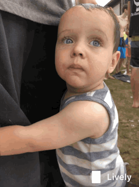 a baby in a striped tank top is being held by a person and the word lively is on the bottom left