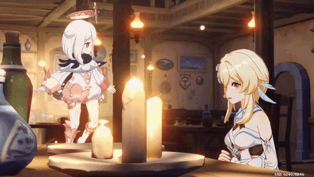 a screenshot of a video game shows a girl standing next to a candle and a girl sitting next to a candle