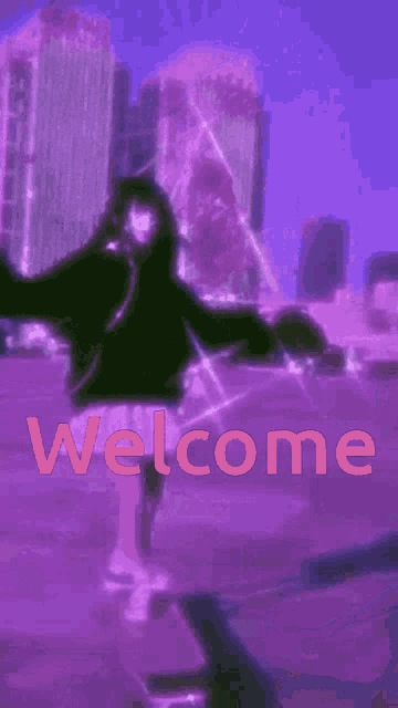 a purple background with a person and the word welcome