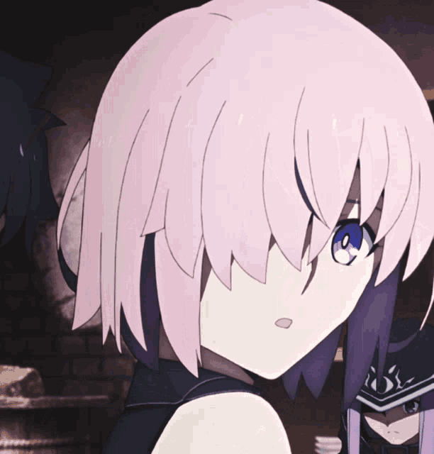 a close up of a pink haired anime character
