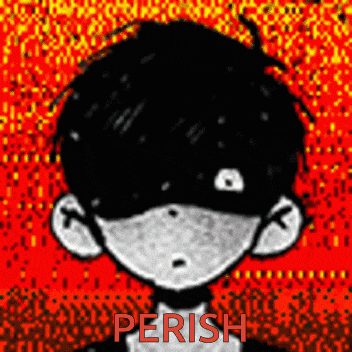 a black and white drawing of a boy with the word perish in red letters