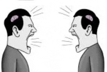 two men are talking to each other with their mouths open and their brains on their heads .