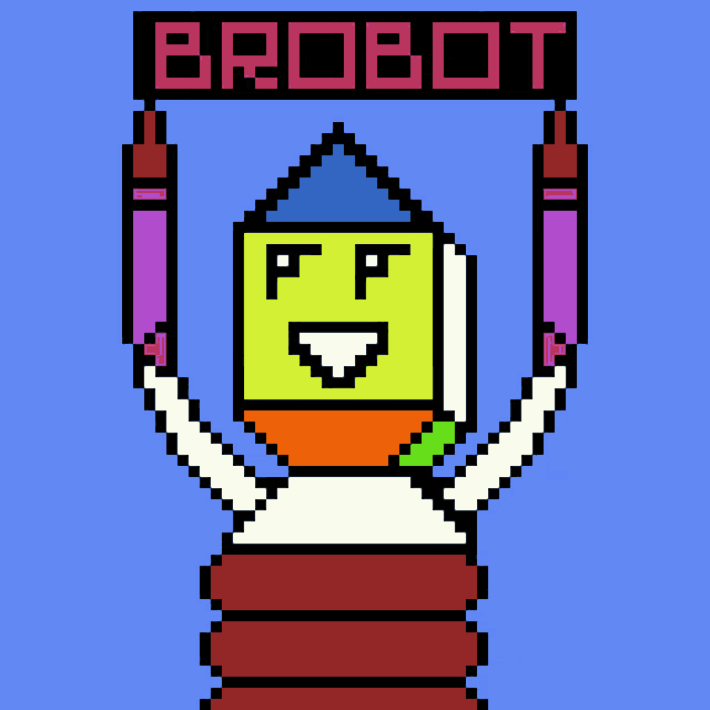 a pixel art drawing of a robot holding up a sign