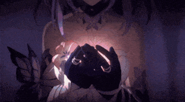 a girl with purple hair is holding a glowing flower in her hands