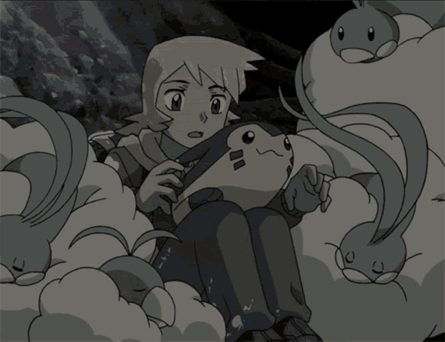 a cartoon of a boy sitting on a cloud surrounded by a bunch of birds
