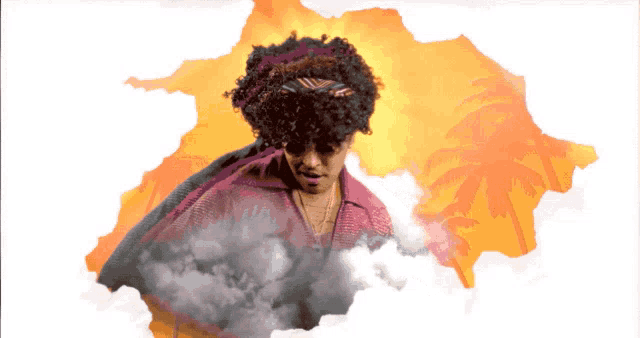 a woman with curly hair and sunglasses is surrounded by clouds