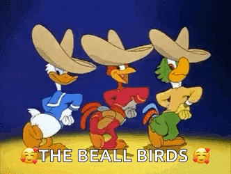 three cartoon characters , donald duck , woody woodpecker and a rooster , are dancing together .
