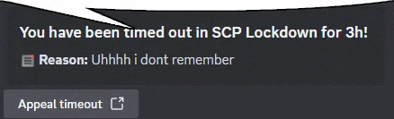 a speech bubble says you have been timed out in scp lockdown for 3h