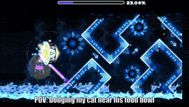 a screenshot of a video game with a caption that says " dodging my cat near his food bowl "