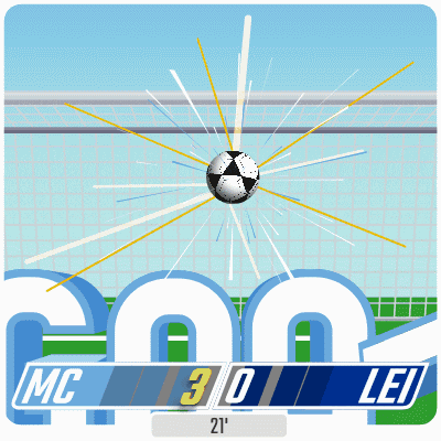 an illustration of a soccer game between mc and lei with the score of 3-0