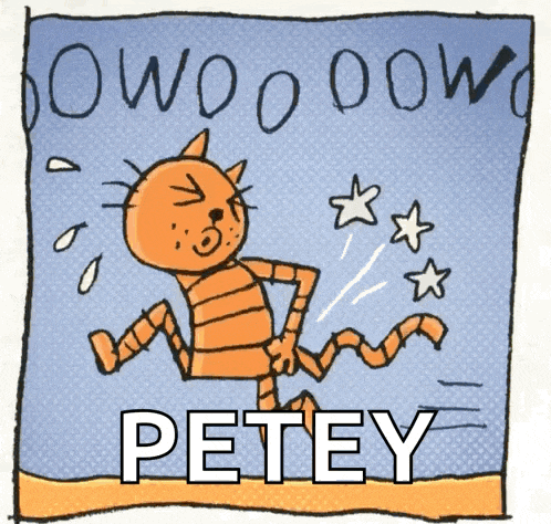 a cartoon drawing of a cat with the name petey below it