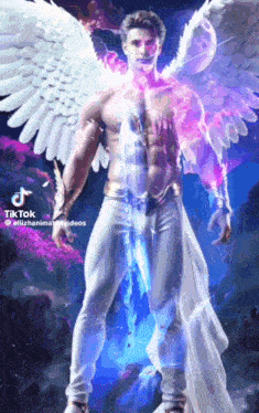 a shirtless man with angel wings is standing in front of a purple background .