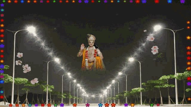 a painting of flowers surrounded by street lights and trees