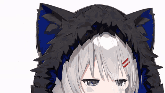 a girl with white hair and blue eyes is wearing a black hood with cat ears