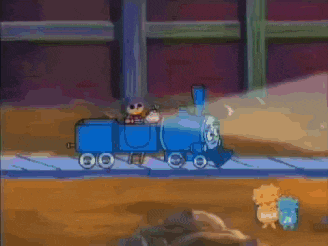a blue train is going down a track in a cartoon scene