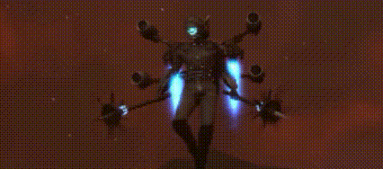 a man in a futuristic suit with jet packs on his back is standing in front of a crowd of people .