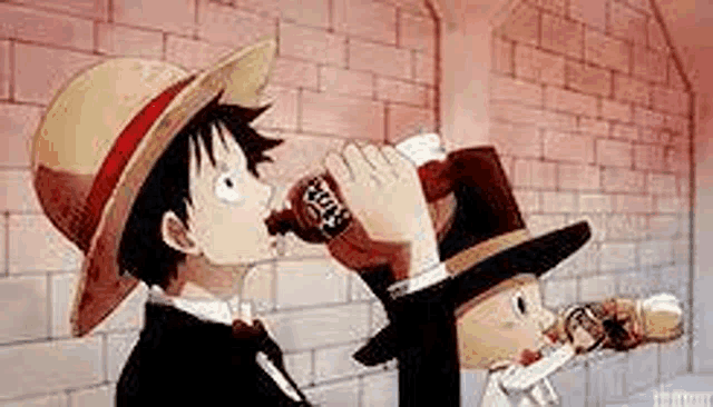 a man in a hat is drinking from a bottle next to another man in a suit .