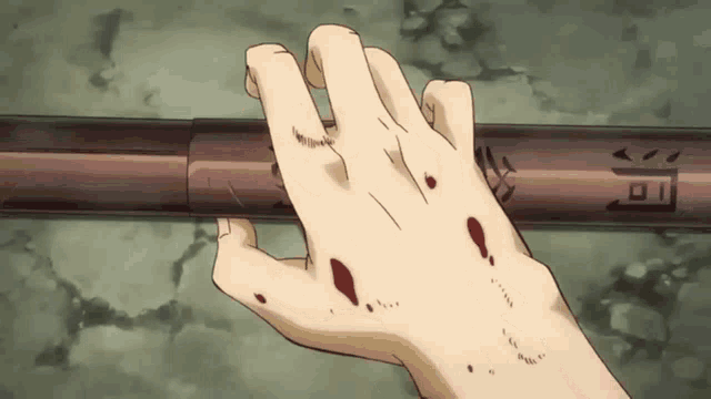 a hand with blood coming out of it is reaching for a sword