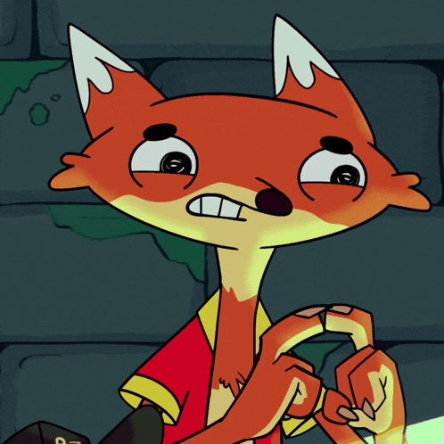 a cartoon fox is making a funny face and has a red shirt