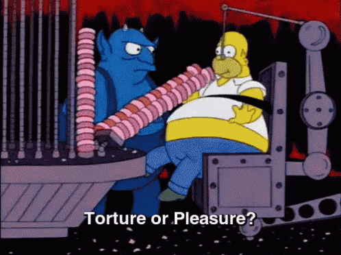 a cartoon of homer simpson being tortured by a devil with the words torture or pleasure below him